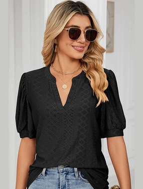 Ribbed Trim Details Quick Dry Fabric PUNCHING LACE V NECK PUFF SHORT SLEEVE BLOUSE