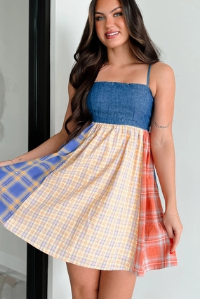 Punk Goes Cute Denim Plaid Mini Dress (Multi) Work Favorite Casual Feel
