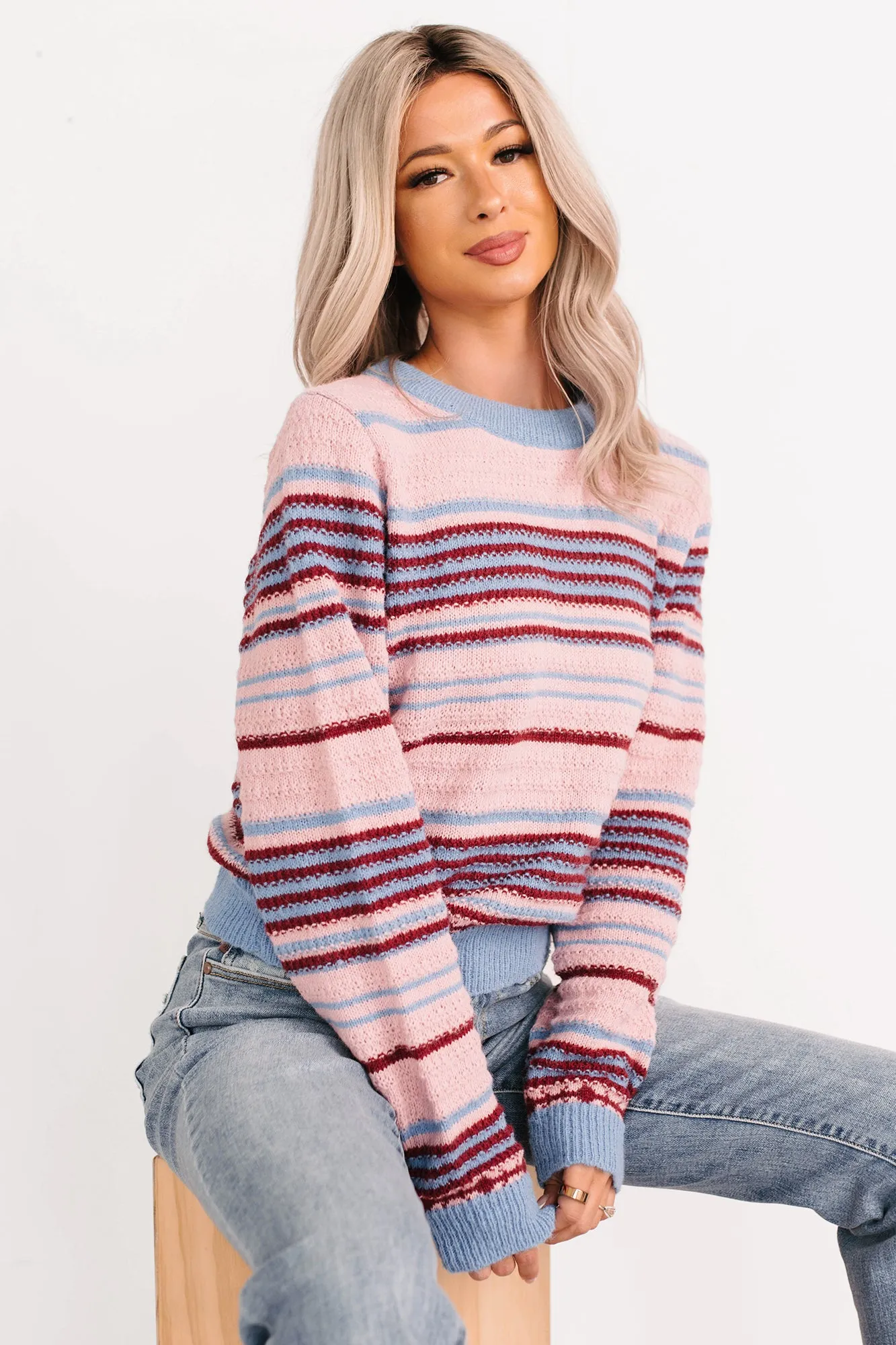 MultiPocket Design Pure Sunshine Striped Knit Sweater (Pink/Blue/Wine)
