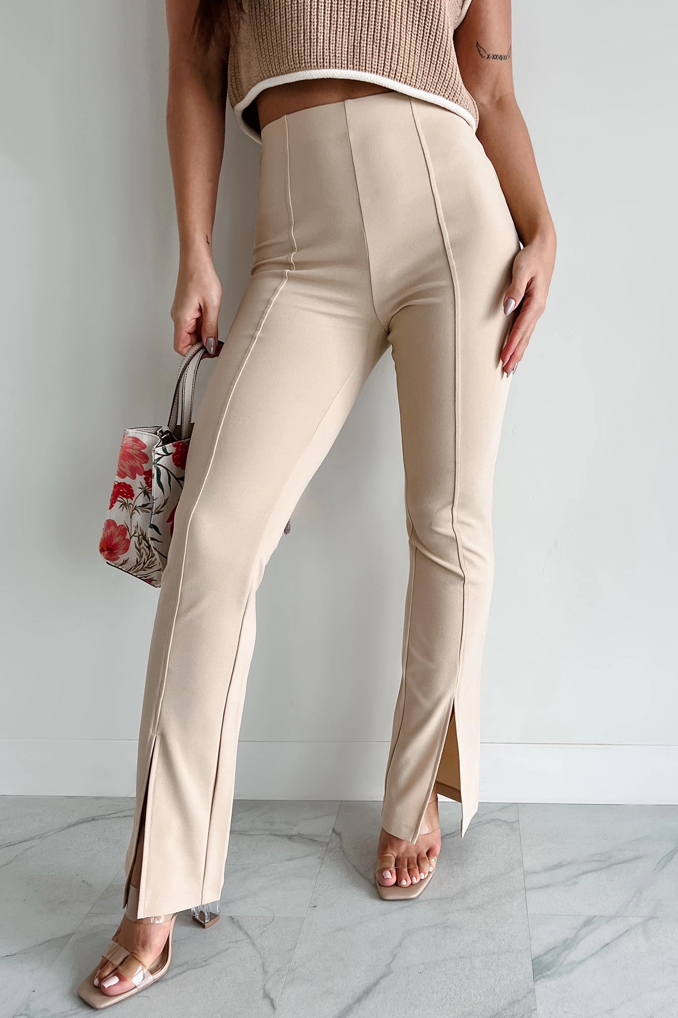 Pure Class Pintuck Hem Slit Pants (Sand) Blackout fabric Performance Stretch