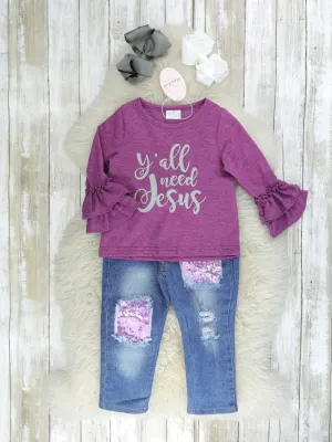 Purple "Y'all Need Jesus" Sequin Denim Outfit