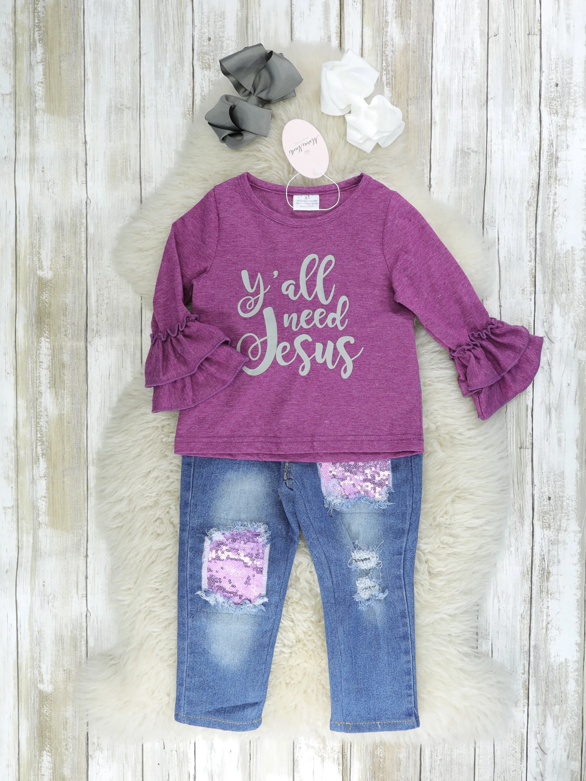 Purple "Y'all Need Jesus" Sequin Denim Outfit