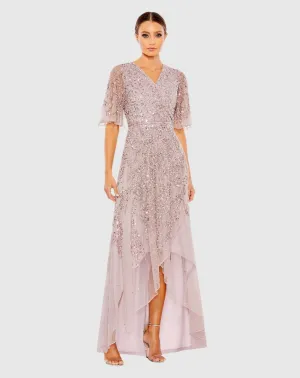 Purple Sequined Butterfly Sleeve High Low Gown