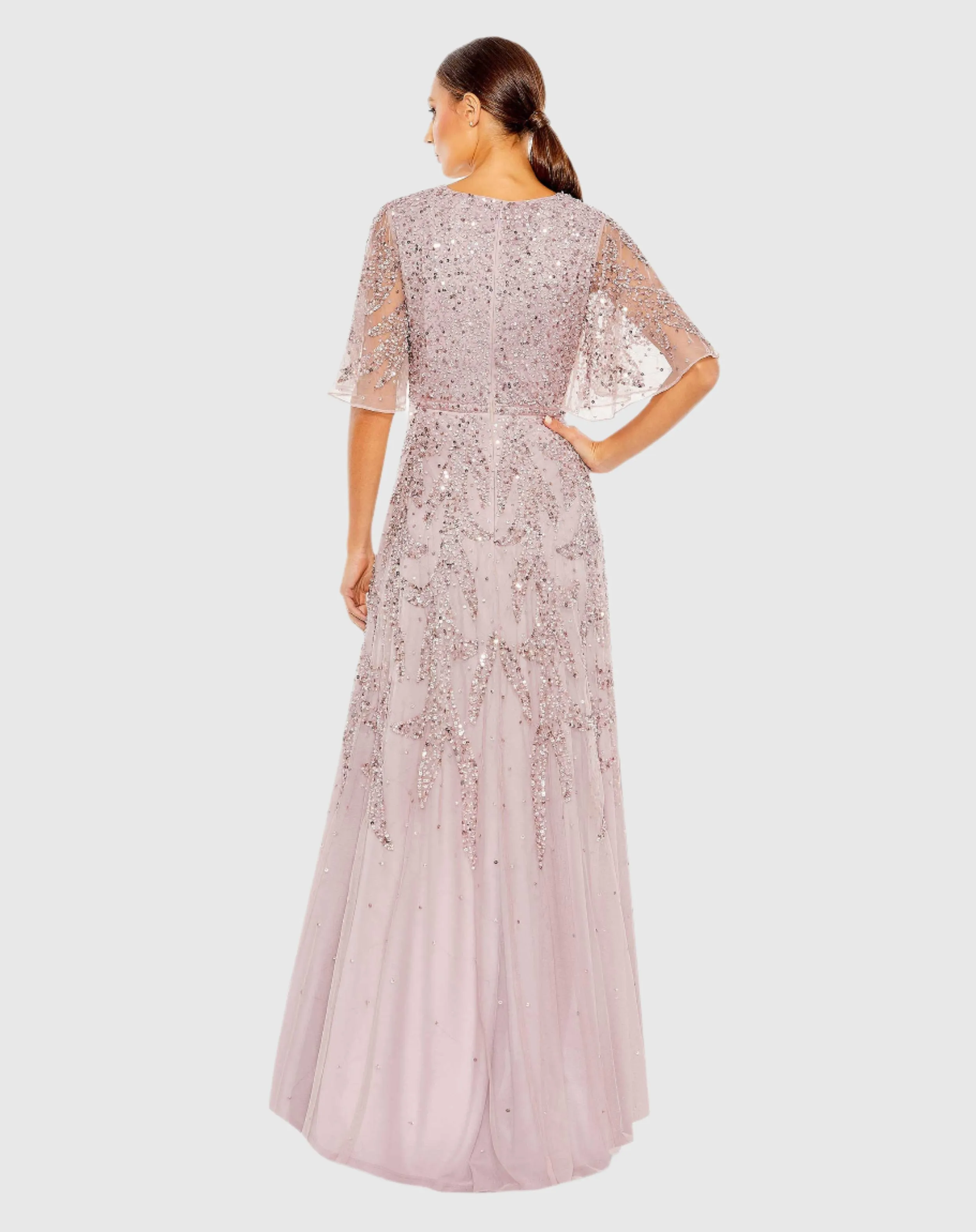 Purple Sequined Butterfly Sleeve High Low Gown
