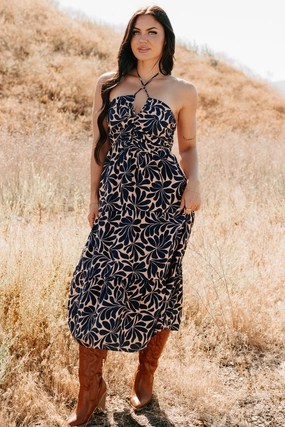 Purpose Driven Printed Halter Midi Dress (Navy/Clay) Classic Fit
