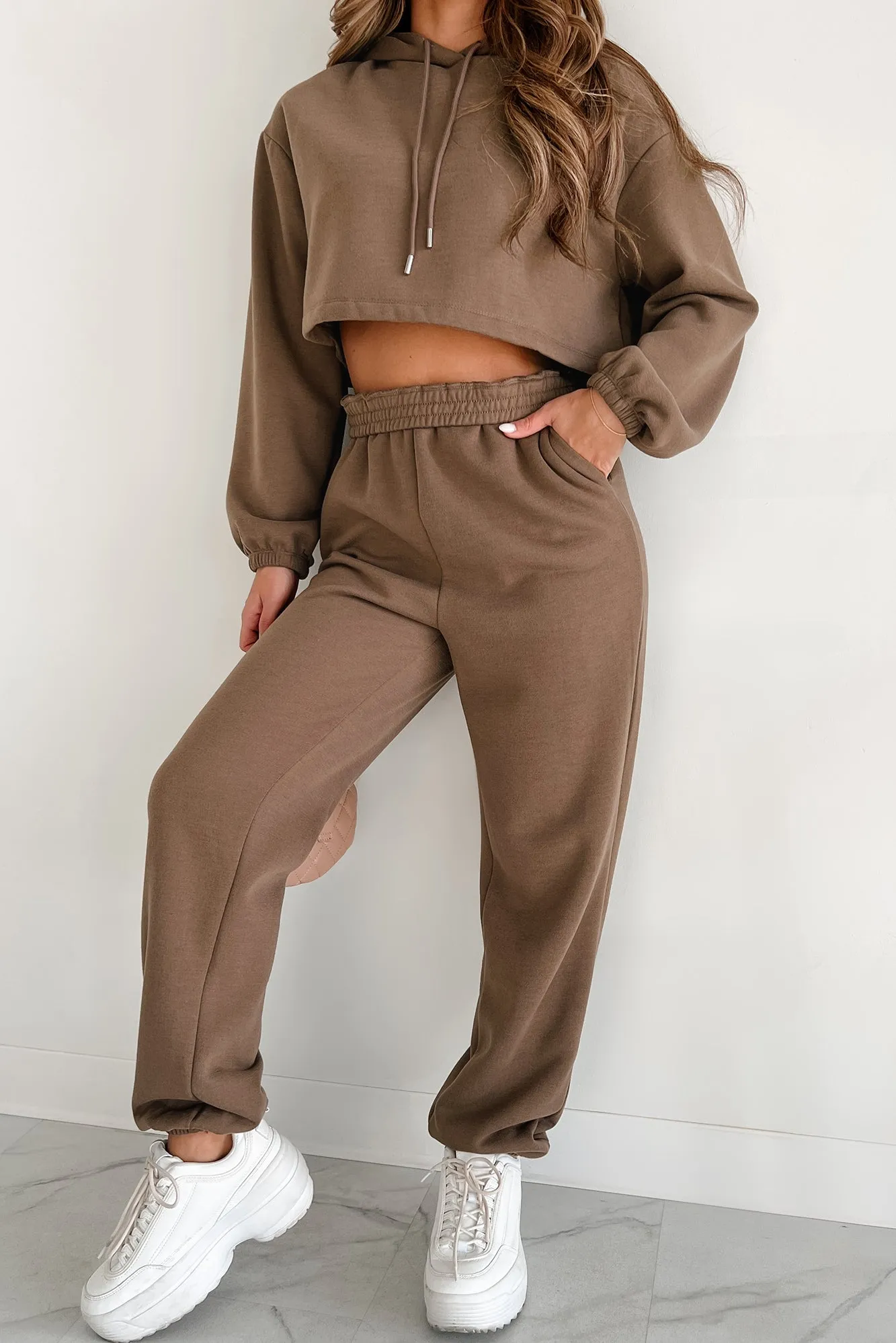 Putting Life On Hold Fleece Two-Piece Jogger Set (Mocha)
