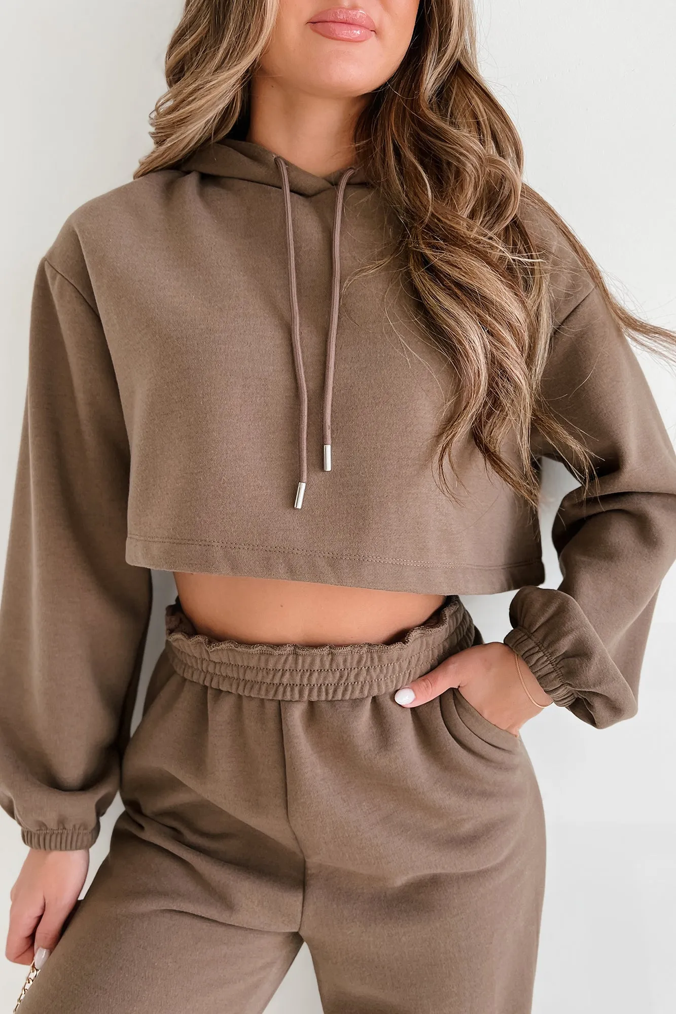 Putting Life On Hold Fleece Two-Piece Jogger Set (Mocha)