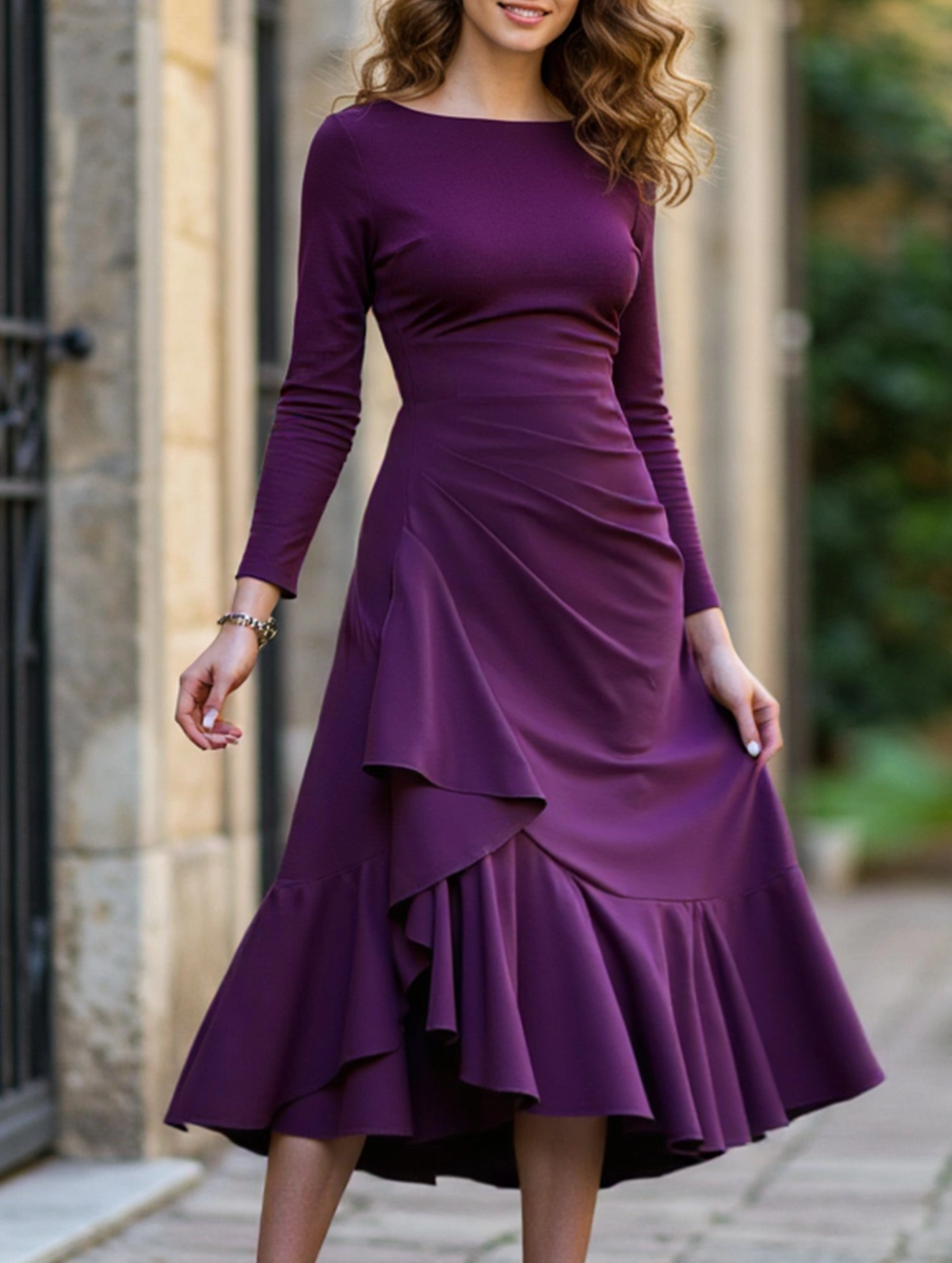 Maternity-Fit Subtle Fit Solid color long sleeve round neck women dress