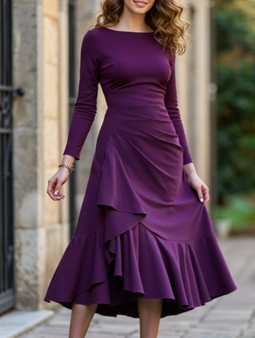 Sculpted Form Solid color long sleeve round neck women dress