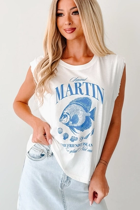 "Saint Martin" Distressed Coastal Graphic Tee (Ivory) Resilient Elasticity Cozy Fit