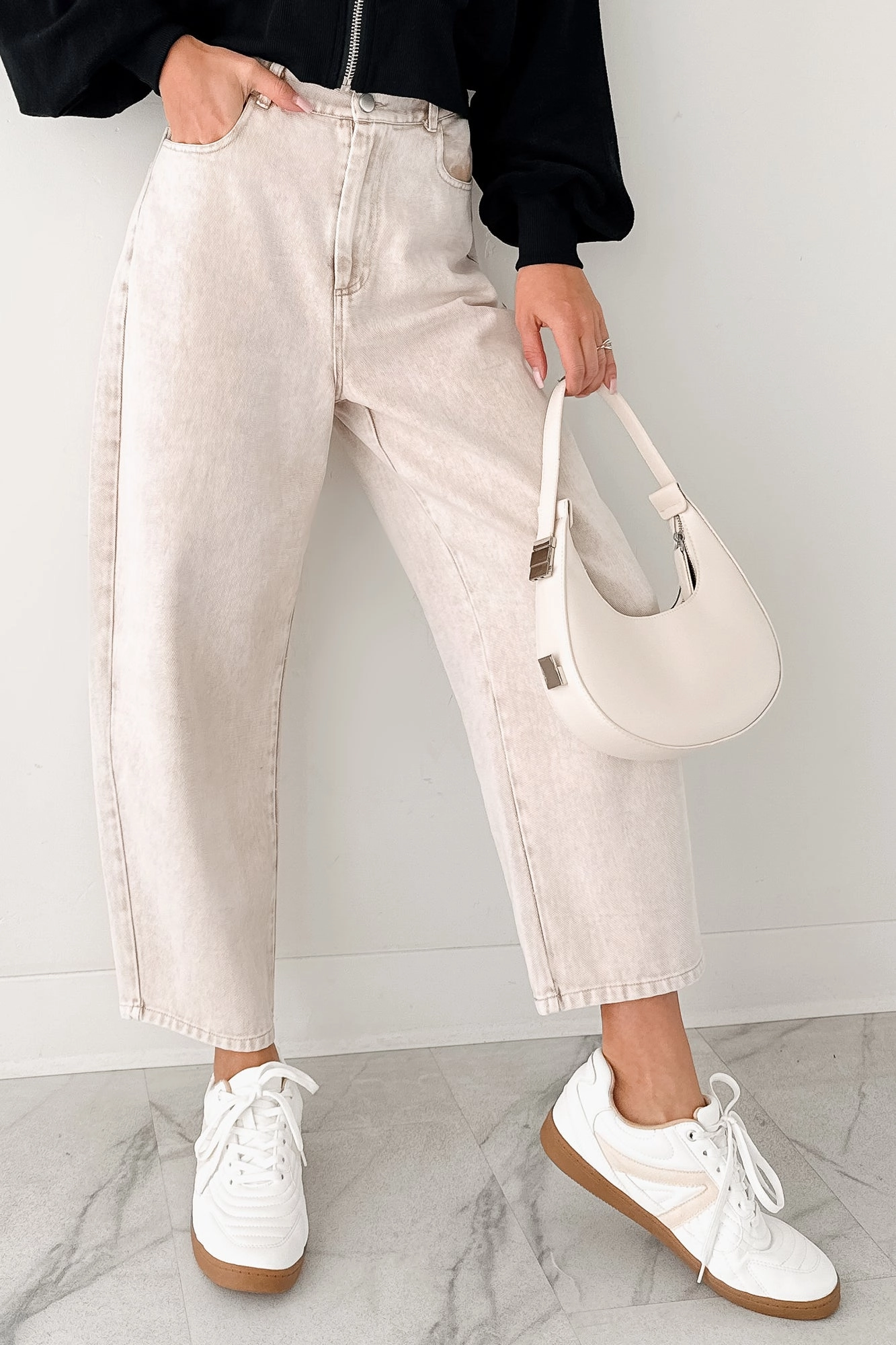 Sporty Look Double Stitched Seams Calloway High Rise Barrel Jeans (Washed Ecru)