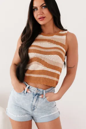 Timelessly Trendy Striped Crochet Sweater Tank (Cream/Multi) Elasticated Trim Tagless Comfort Collar