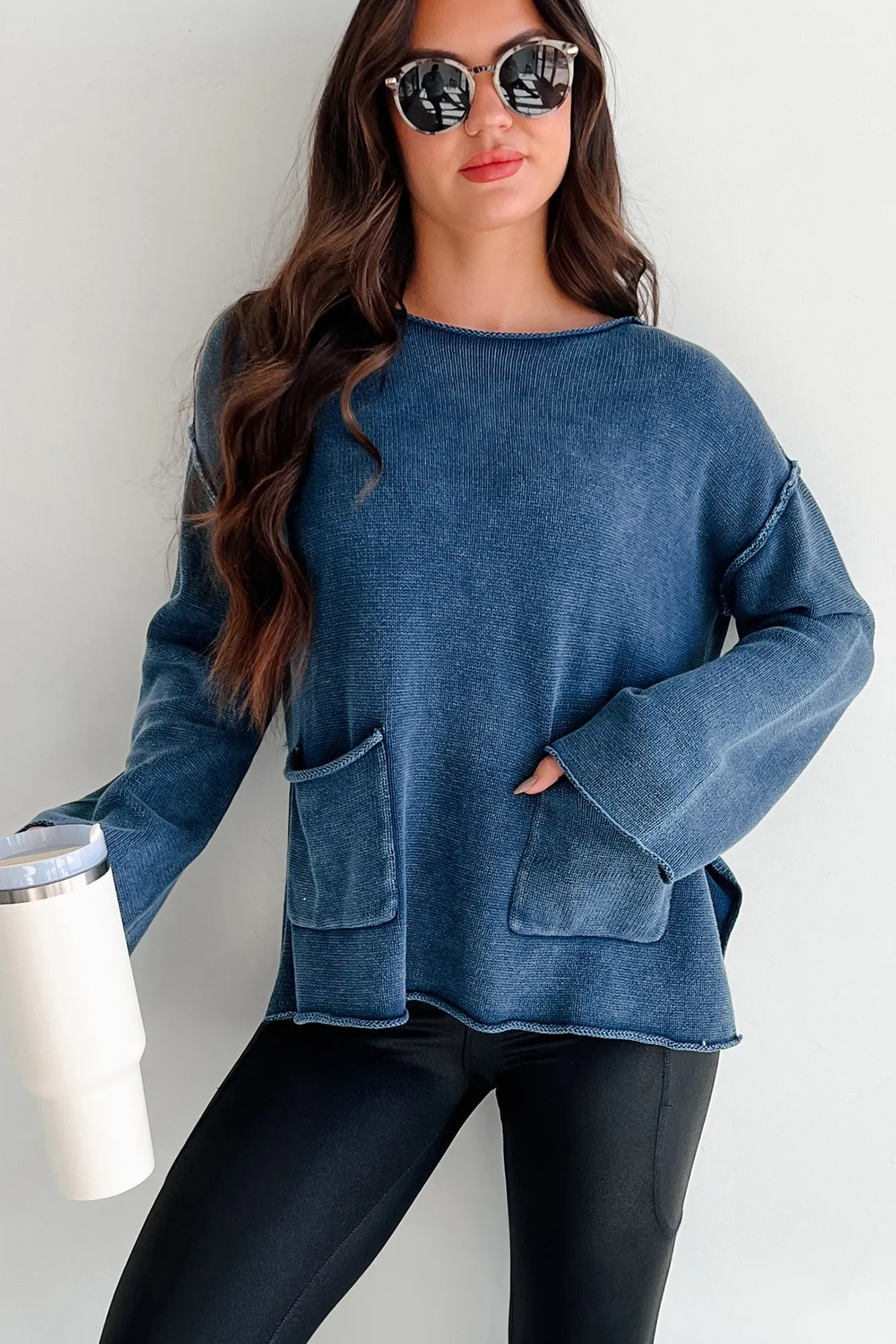 Pocket Reinforcement Humor Me Pocketed Sweater Top (Midnight Blue)