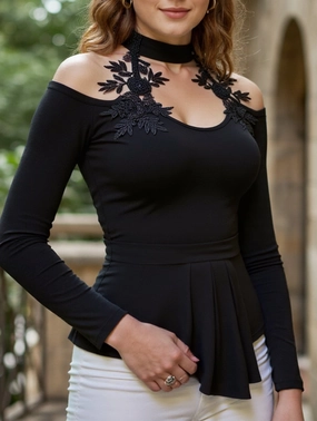 Multipanel Construction Cutout Off-the-Shoulder Applique Slim-Fit Top
