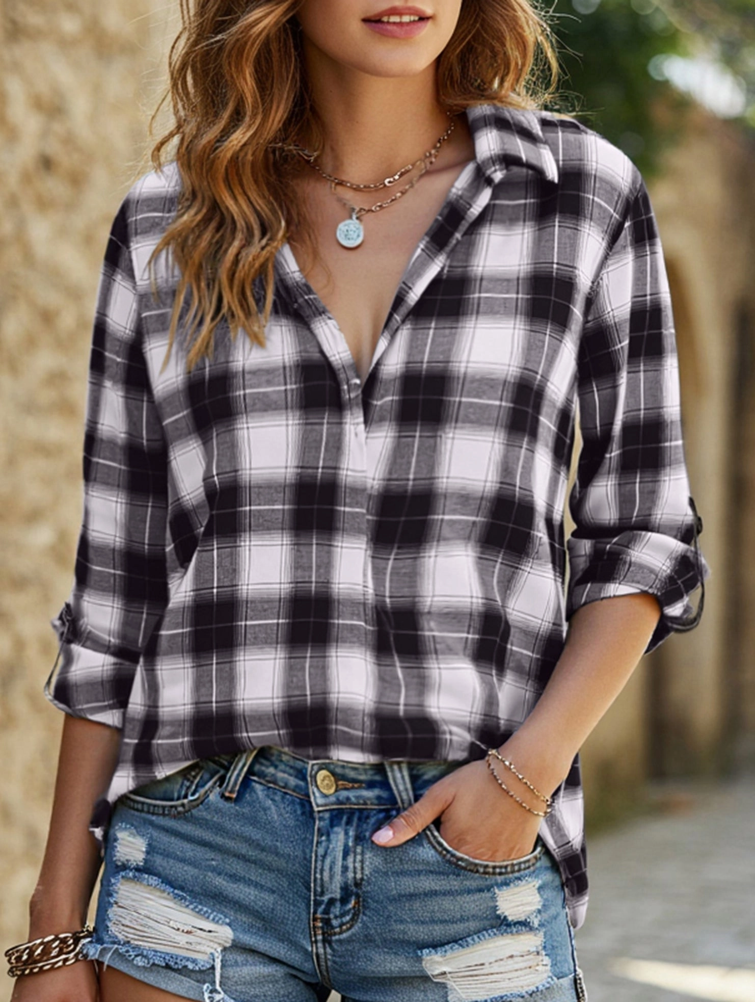 NonIrritatingTags RaglanSleeve V-neck lapel loose-fitting women's plaid shirt