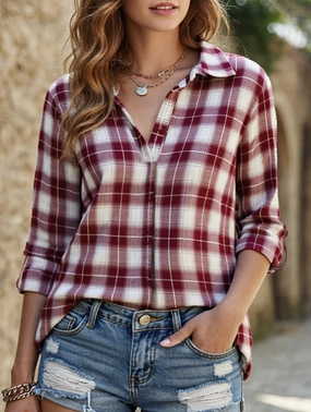 Breathable Knit Fabric V-neck lapel loose-fitting women's plaid shirt