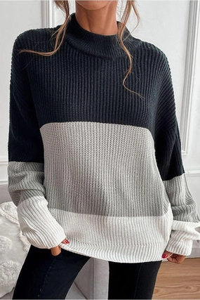 Biodegradable Fiber Blend COLOR BLOCK LOOSE FIT CASUAL SWEATER TOP