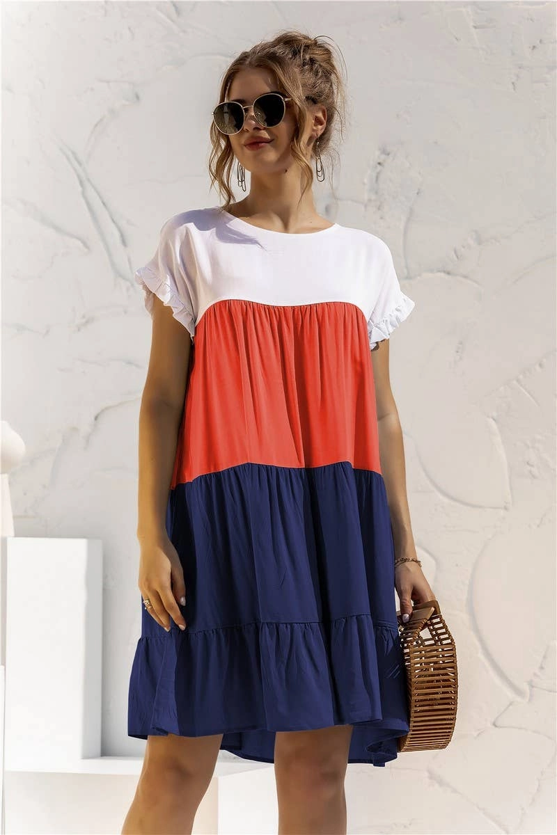 COLOR BLOCKING SHORT SLEEVED LOOSE FITTING DRESS_CWDSD2466 Simple Bow Global Style