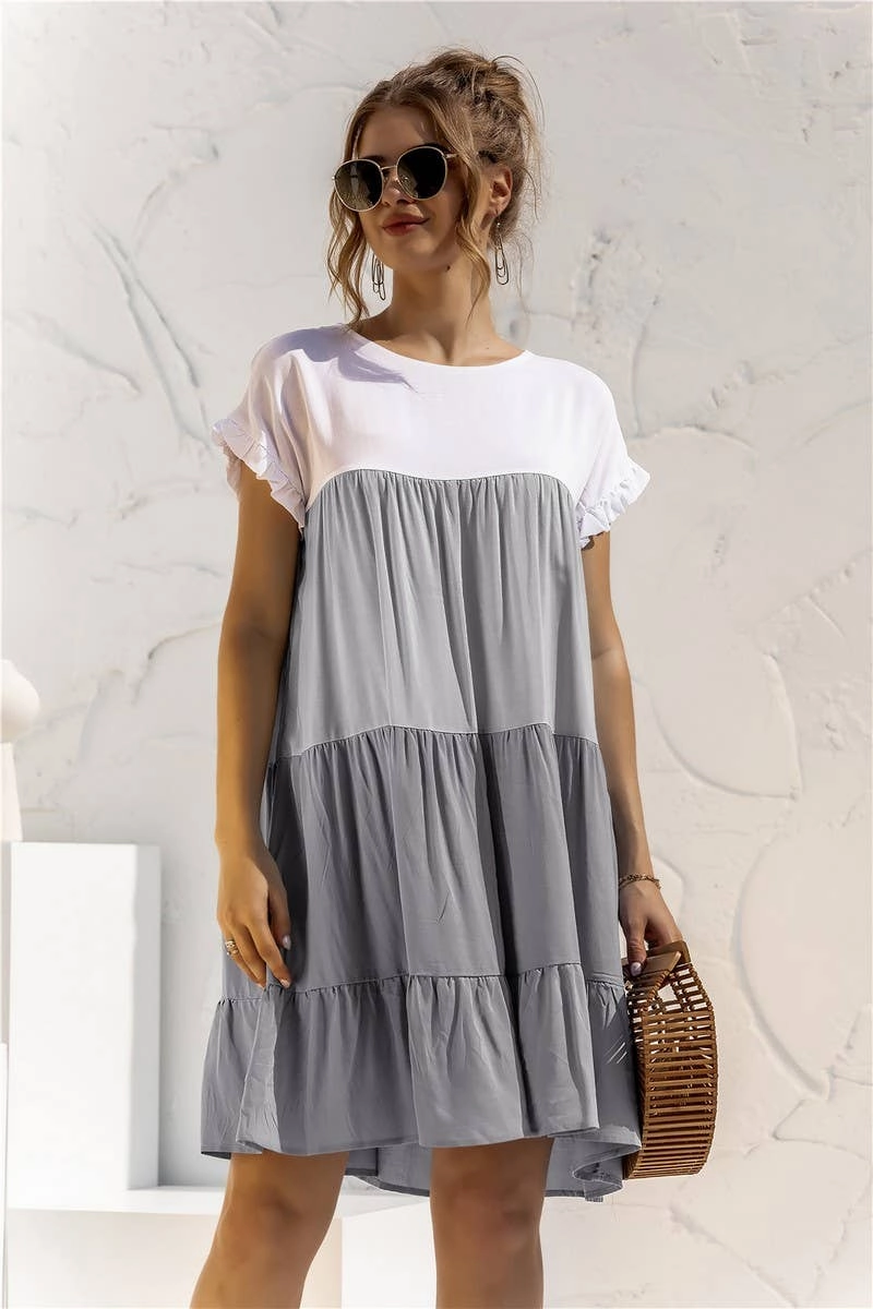 COLOR BLOCKING SHORT SLEEVED LOOSE FITTING DRESS_CWDSD2466 Go To Wear Flexible Comfort