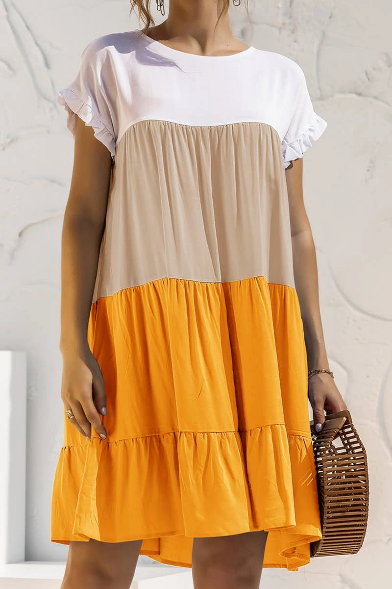 Soft Wear TemperatureRegulatingFabric COLOR BLOCKING SHORT SLEEVED LOOSE FITTING DRESS_CWDSD2466