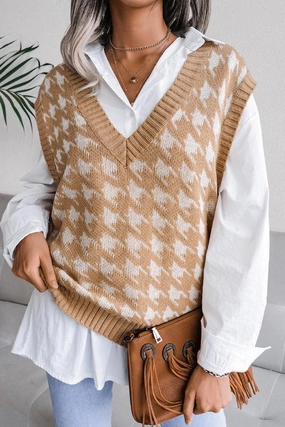 WOMEN RIBBED PATTERN SWEAT VEST Convertible Neckline Formal top