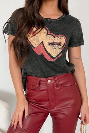 Double Layered Hood Assembly "Love Me" Mineral Wash Graphic Top (Charcoal)
