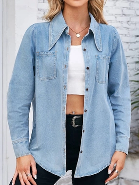 DENIM LONG SLEEVED SHIRT TOP_CWTSTL1055 No Iron Fabric LayeredCuff
