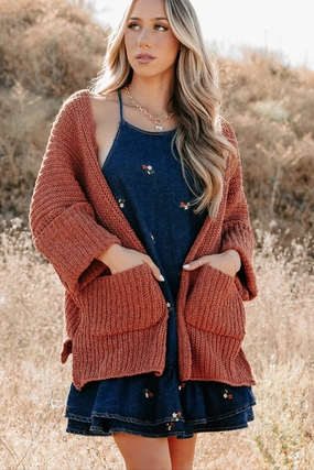Quiet Times Cuffed Sleeve POL Cardigan (Brick) AntiPill Finish Stain Resistant Treatment