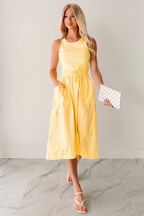 Quietly Extra Sleeveless Cargo Midi Dress (Yellow) Semi Fit