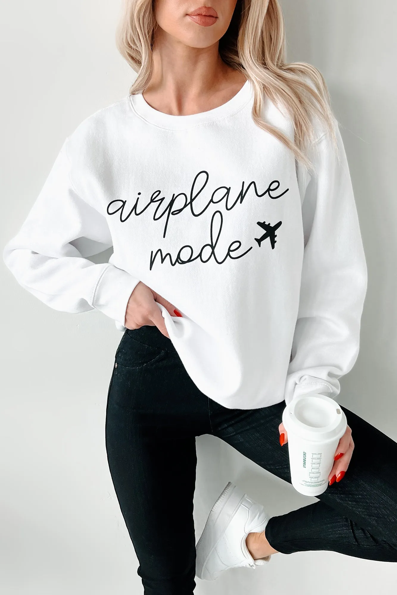 "Airplane Mode" Graphic Sweatshirt (White) Flexible Cuffs