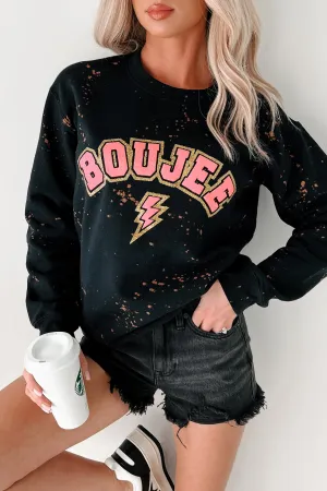 Wide Shoulder Cut PreShrunk Fabric "BOUJEE" Glitter Graphic Sweatshirt (Black Bleached)