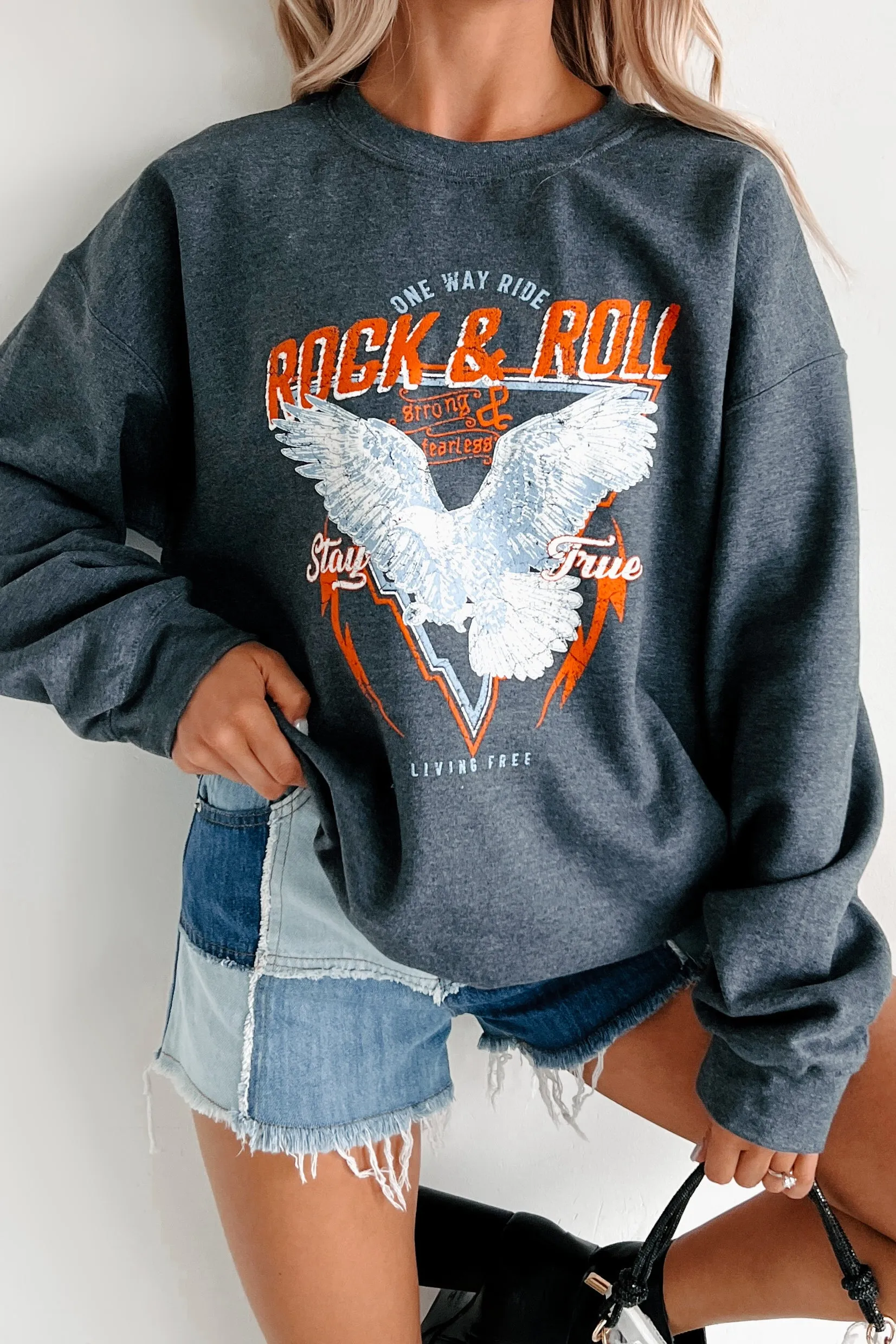 "One Way Ride" Graphic Sweatshirt (Charcoal) Tapered Cut Breathable Mesh Insert