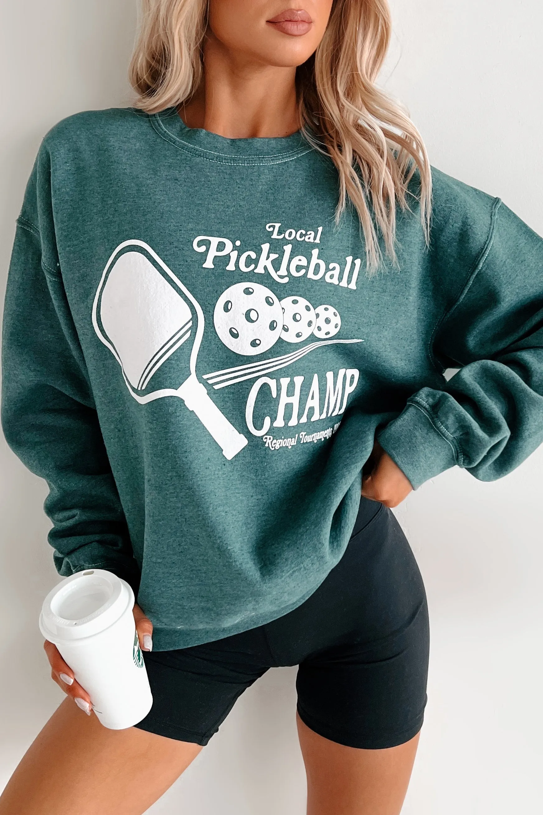 "Pickleball Champ" Graphic Sweatshirt (Posy Green) Unstructured Fit NoRoll Hem Technology