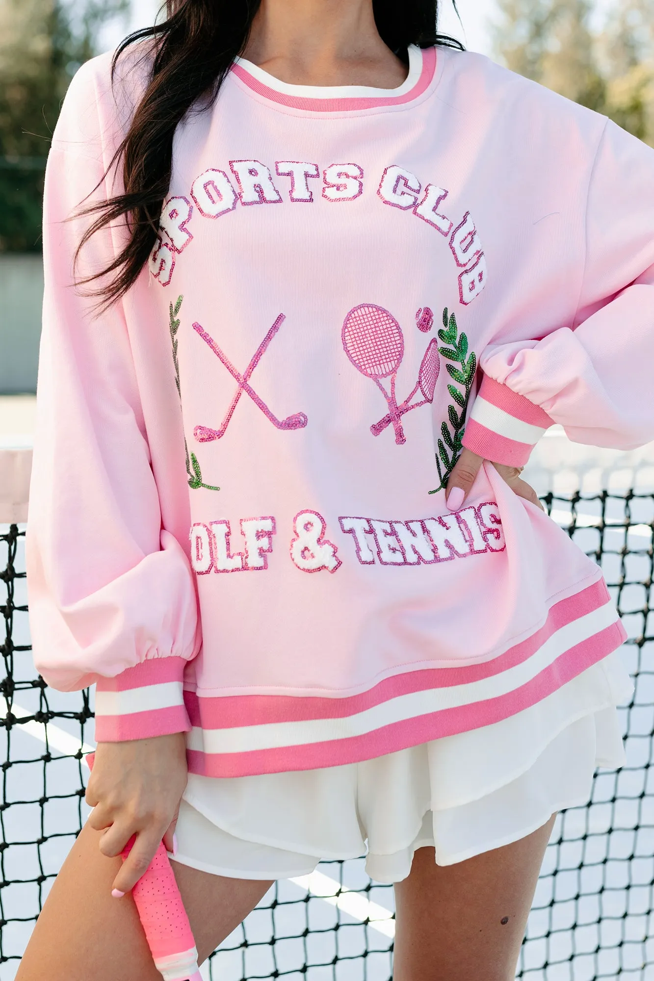 Airflow Weave Pattern Tailored Silhouette "Sports Club" Sequin Patch Sweatshirt (Light Pink)
