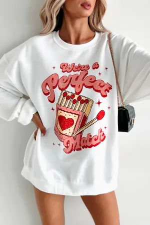 "We're A Perfect Match" Graphic Sweatshirt (White) Layered Neckline Details All Purpose Casual Cut