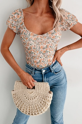 Radiating Beauty Floral Puff Sleeve Bodysuit (Cream) Antimicrobial Finish