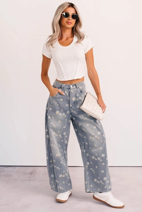 All Season Fit Rae Floral Stripe Wide Leg Barrel Jeans (Denim)