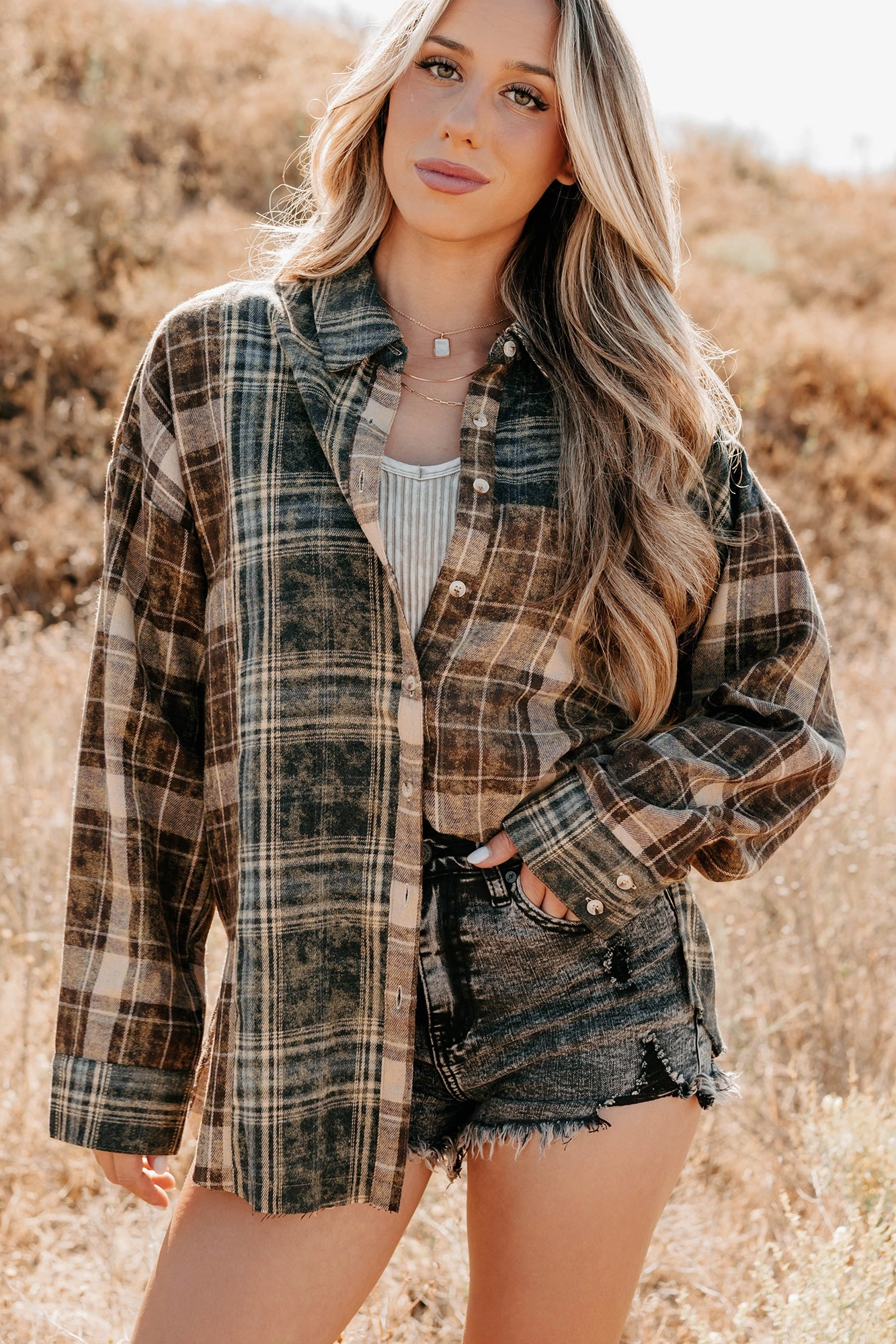 Cozy Knit Rain Or Shine Plaid Button-Up Top (Brown Midnight) - Ships by 10/9