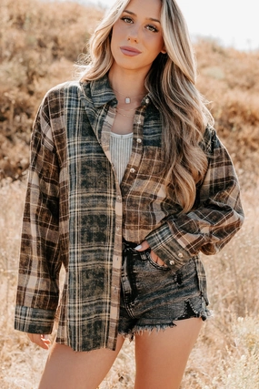 Rain Or Shine Plaid Button-Up Top (Brown Midnight) - Ships by 10/9 Quick Release Fasteners RelaxedSilhouette