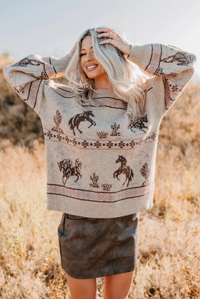 Comfortable Look Elegant Blouse Range Romance Western Print Sweater (Taupe)