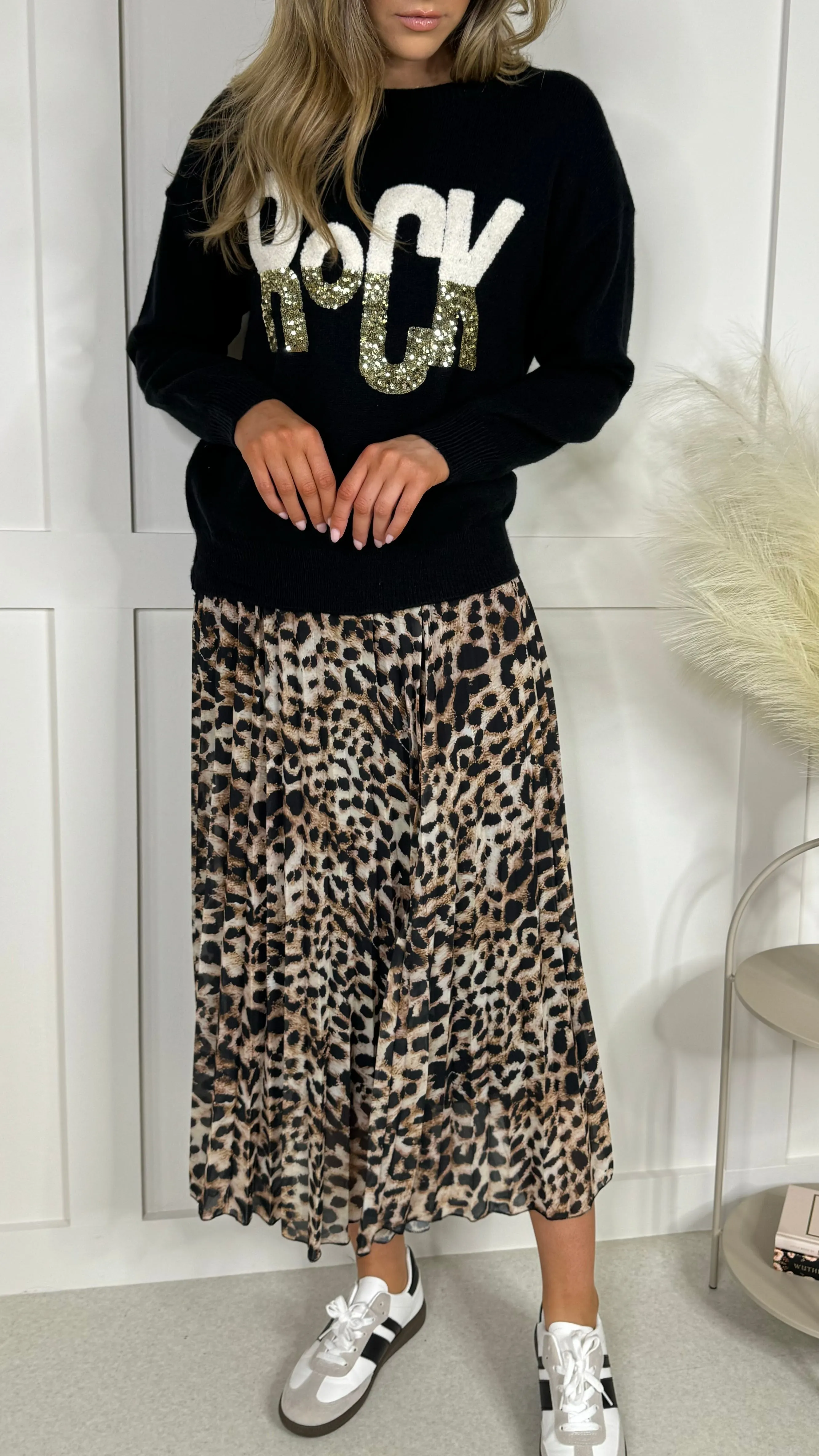 Raquel Black & Beige Leopard Print Pleated Midi Skirt
