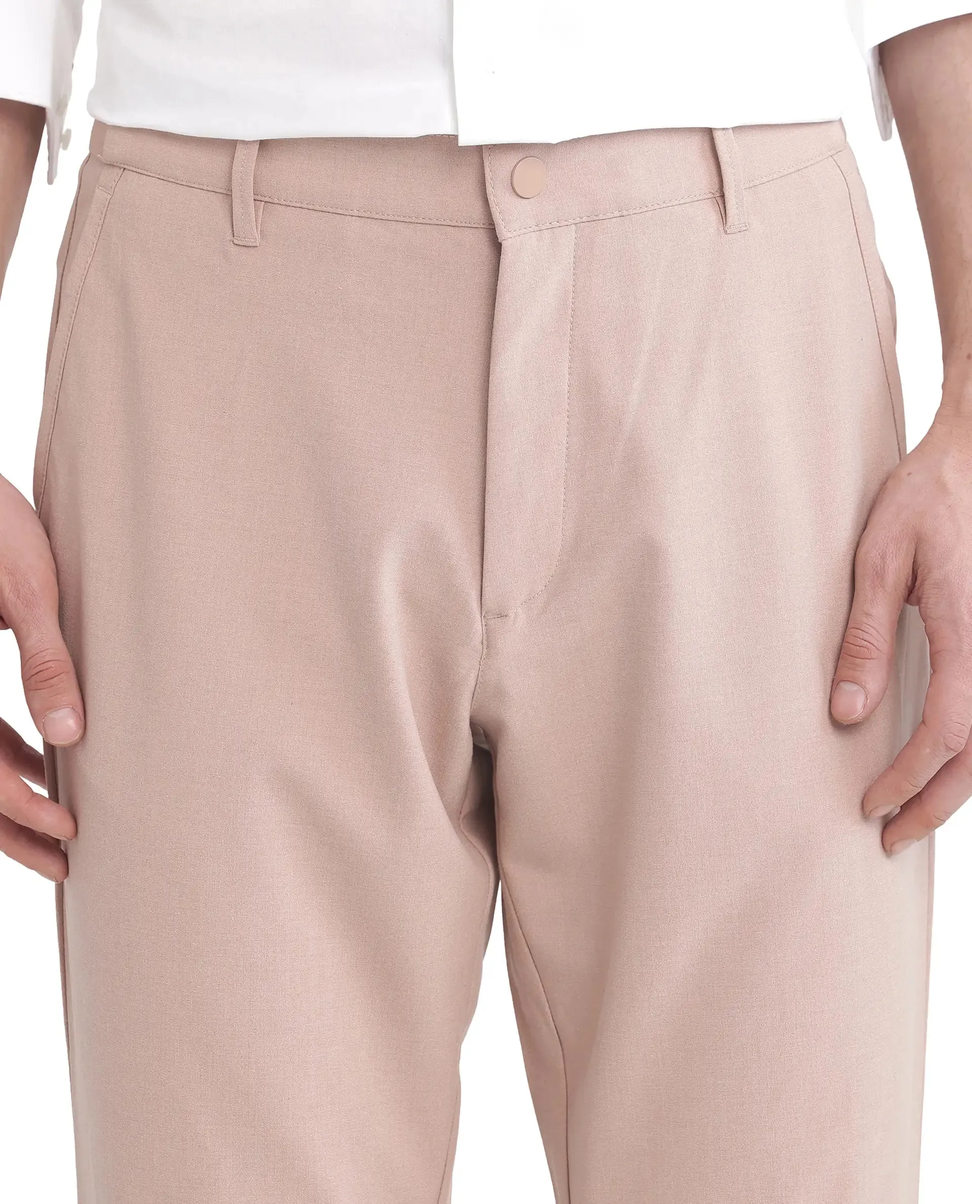 Rare Rabbit Men Driver-2 Peach Cotton Elastane Fabric Button Closure Plain Trouser