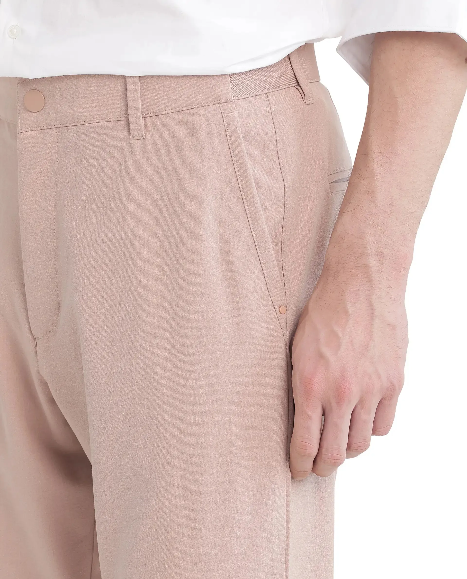 Rare Rabbit Men Driver-2 Peach Cotton Elastane Fabric Button Closure Plain Trouser