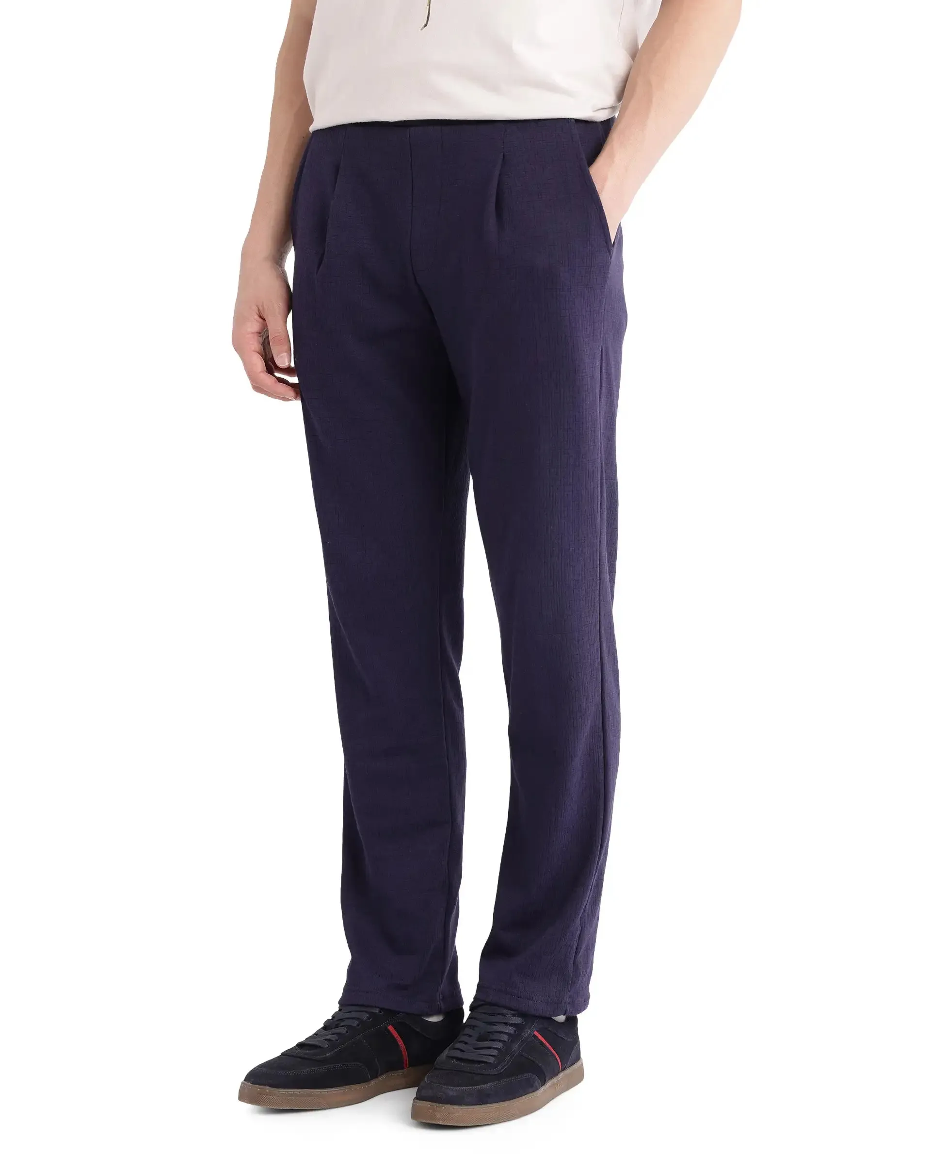 Rare Rabbit Men Kelo Dark Purple Cotton Polyester Lycra Elastane Fabric Jacquard Trouser