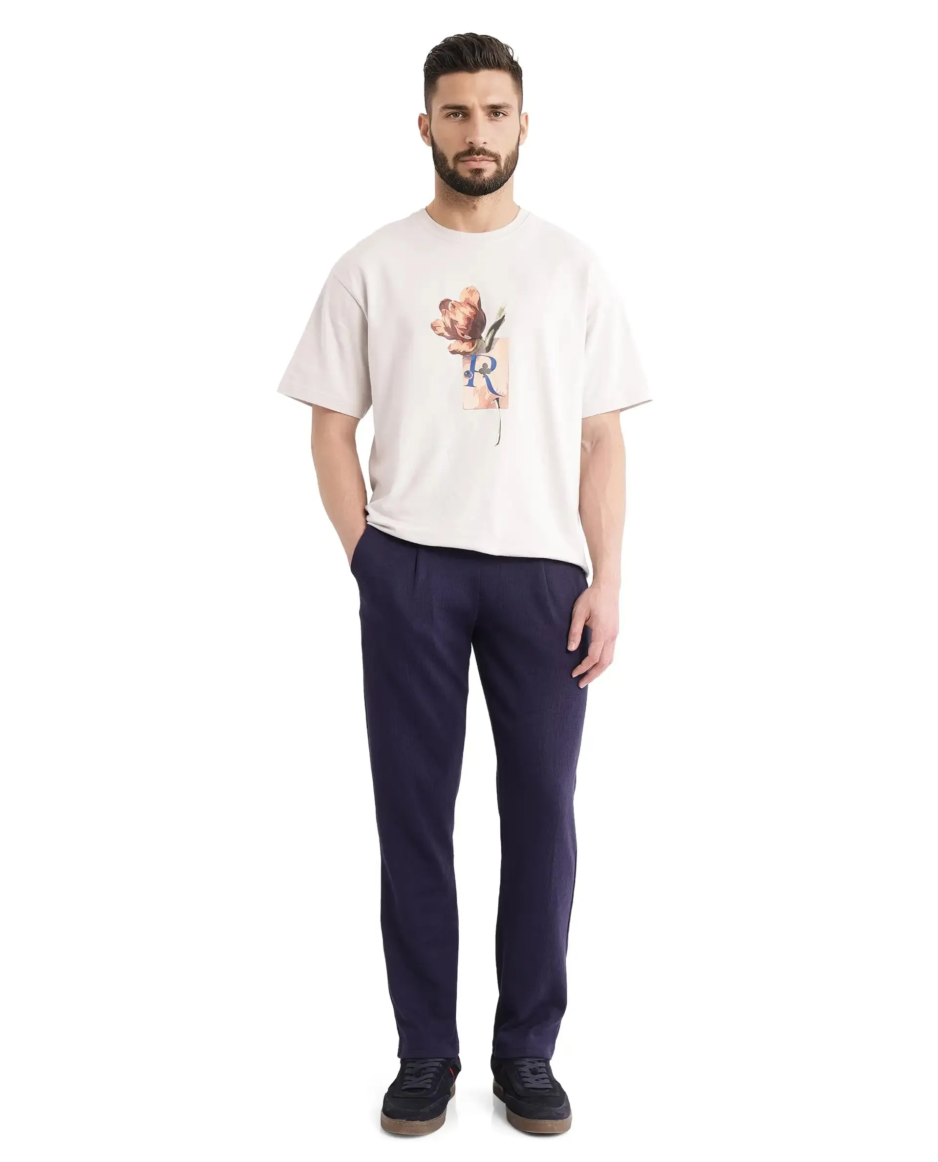 Rare Rabbit Men Kelo Dark Purple Cotton Polyester Lycra Elastane Fabric Jacquard Trouser