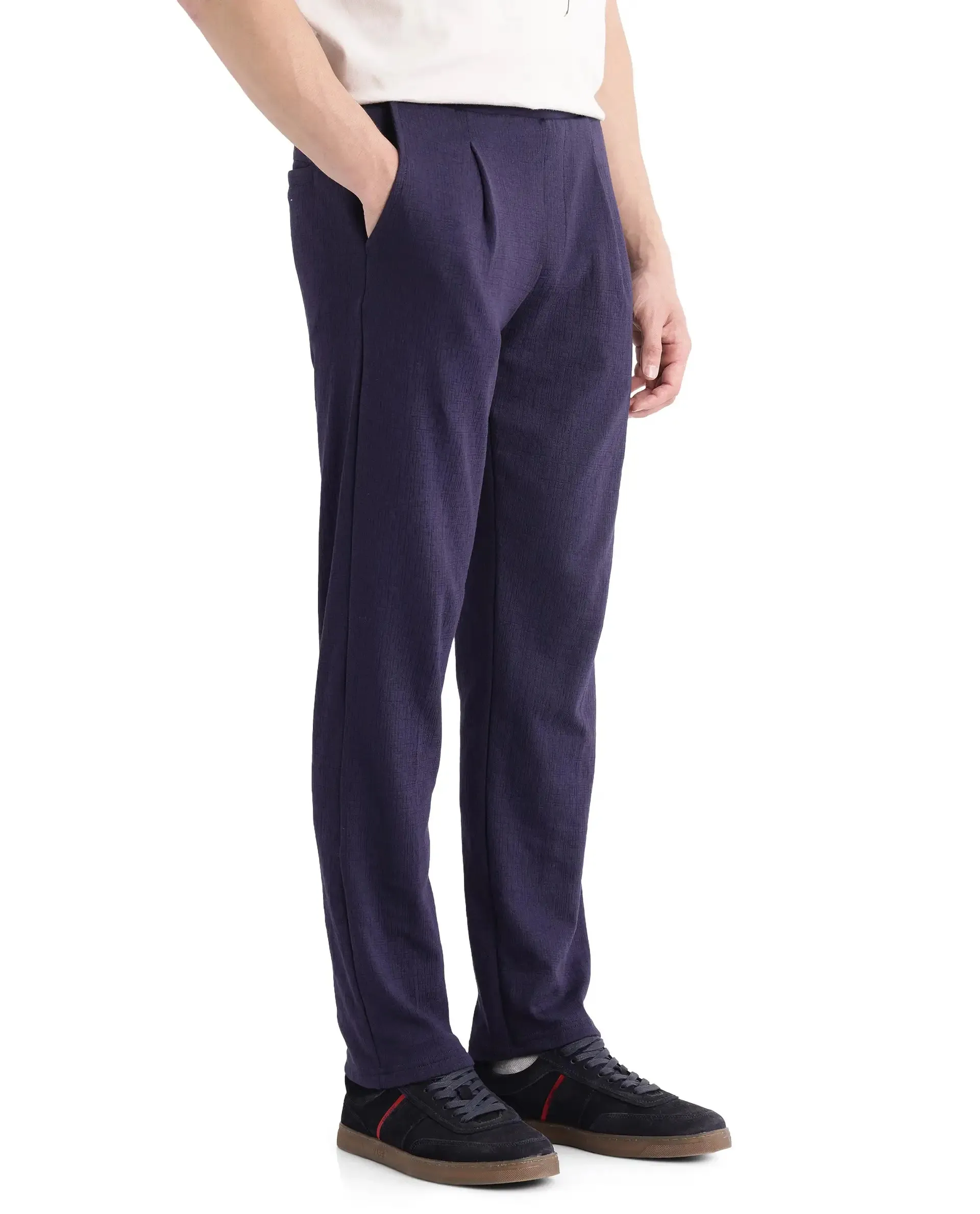 Rare Rabbit Men Kelo Dark Purple Cotton Polyester Lycra Elastane Fabric Jacquard Trouser