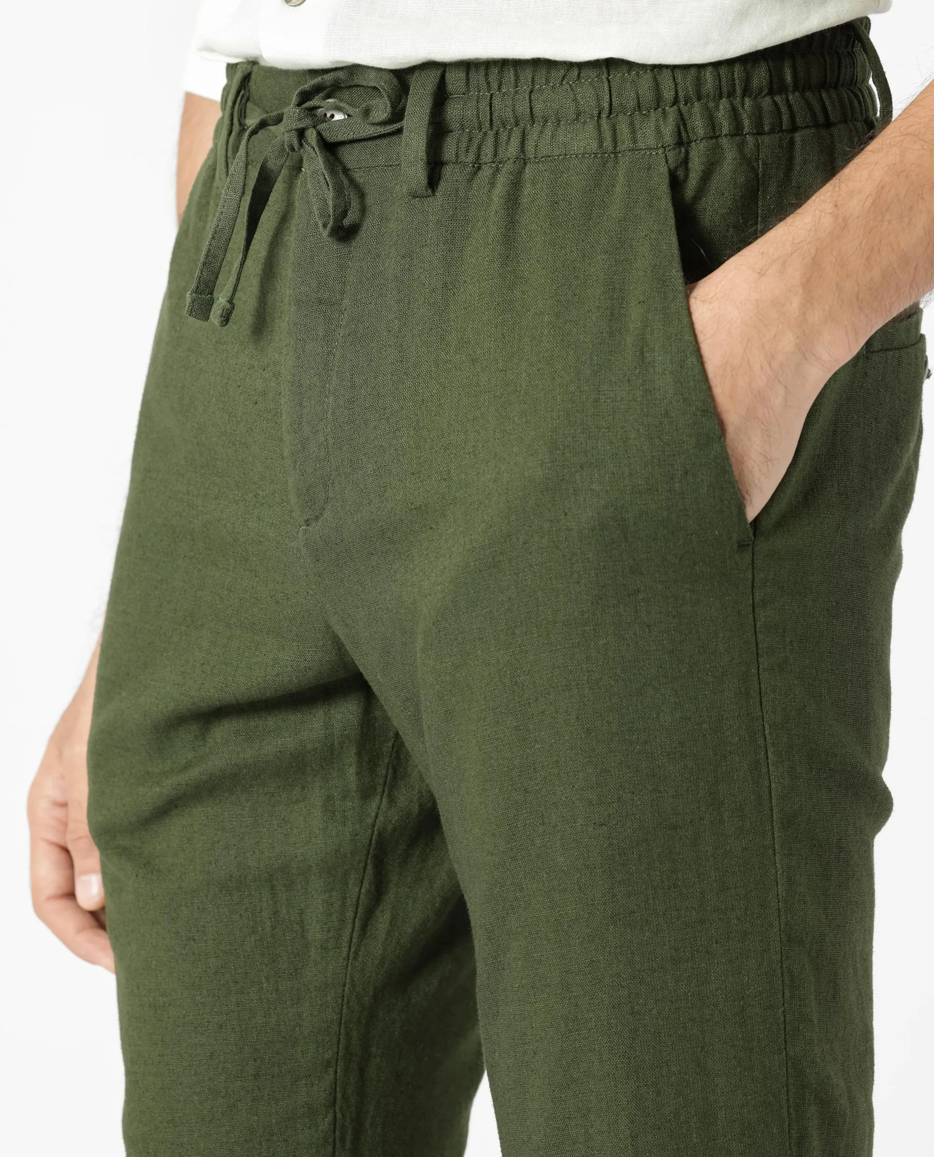 Rare Rabbit Men's Linac Olive Solid Drawstring With Elastic Waistband Regular Fit Linen Trouser