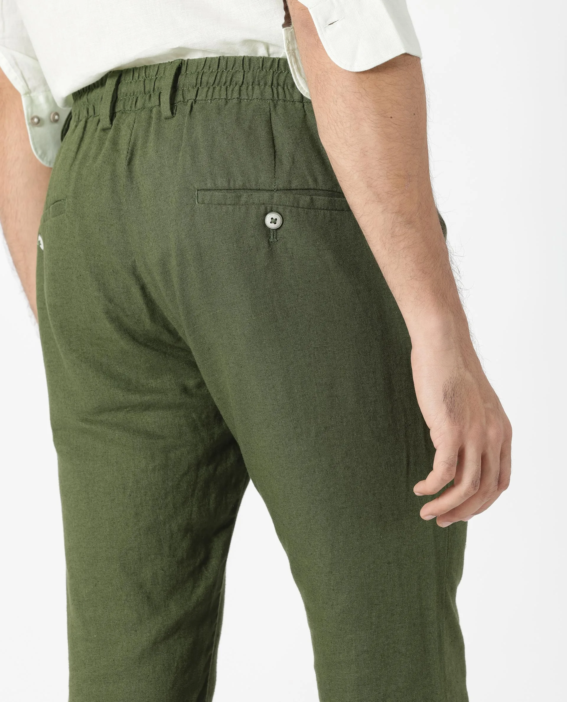 Rare Rabbit Men's Linac Olive Solid Drawstring With Elastic Waistband Regular Fit Linen Trouser