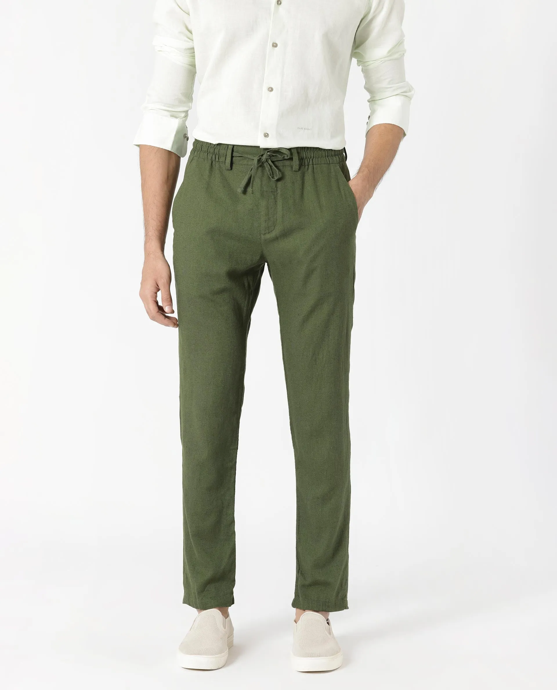 Rare Rabbit Men's Linac Olive Solid Drawstring With Elastic Waistband Regular Fit Linen Trouser