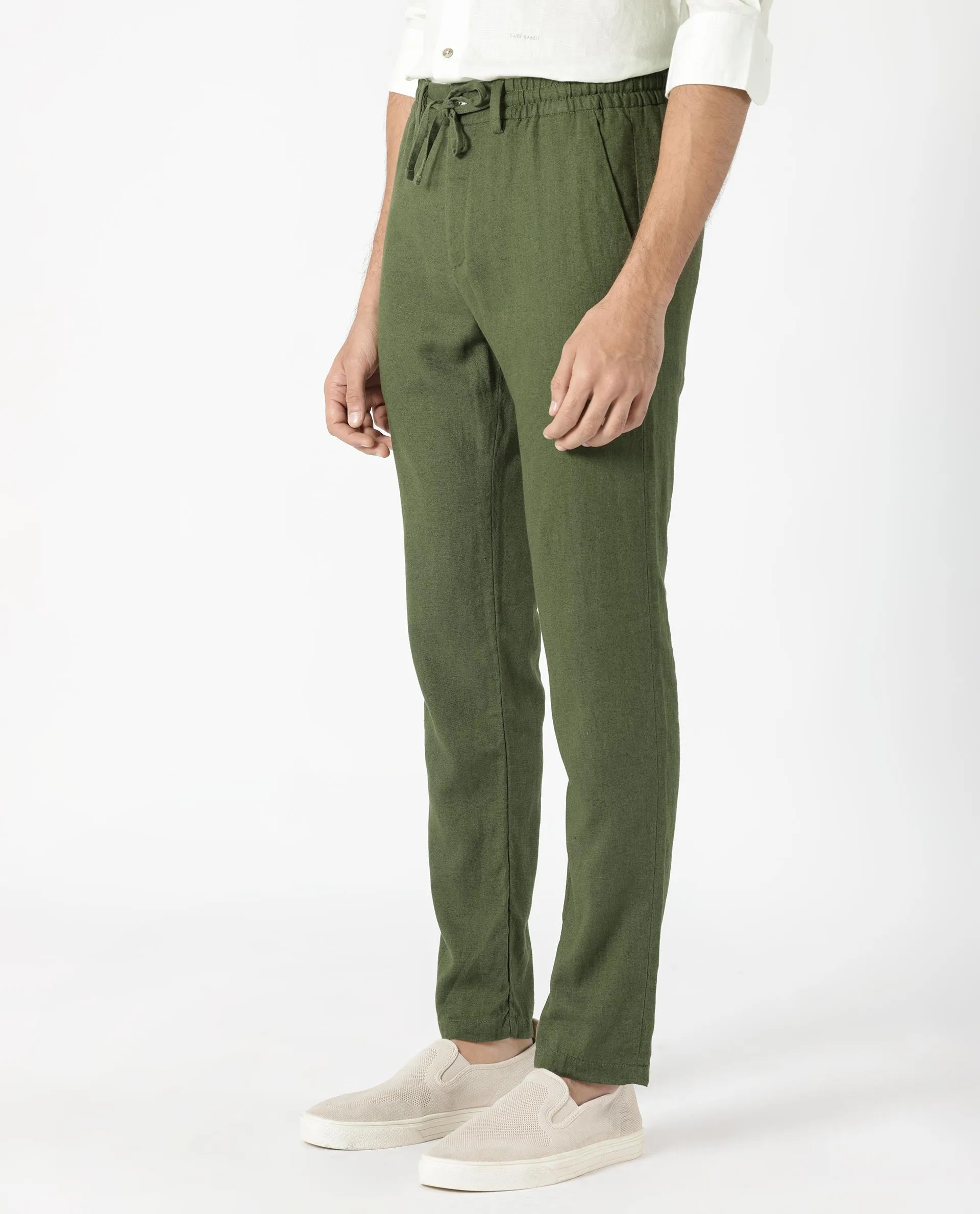 Rare Rabbit Men's Linac Olive Solid Drawstring With Elastic Waistband Regular Fit Linen Trouser